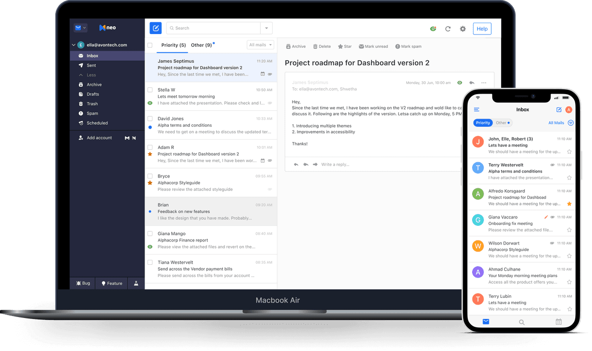 Professional email interface showing custom domain setup, multiple mailboxes, and mobile email access across devices